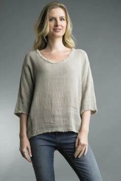 Trimmed Linen Top 6 Trimmed Linen Top -Premium Shoes Store 27352 TAUPE l