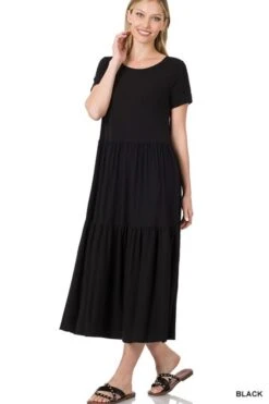 Short Sleeve Tiered Midi Dress 8 Short Sleeve Tiered Midi Dress -Premium Shoes Store 31010 BLK l