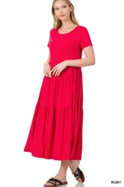 Short Sleeve Tiered Midi Dress 9 Short Sleeve Tiered Midi Dress -Premium Shoes Store 31010 RUBY l